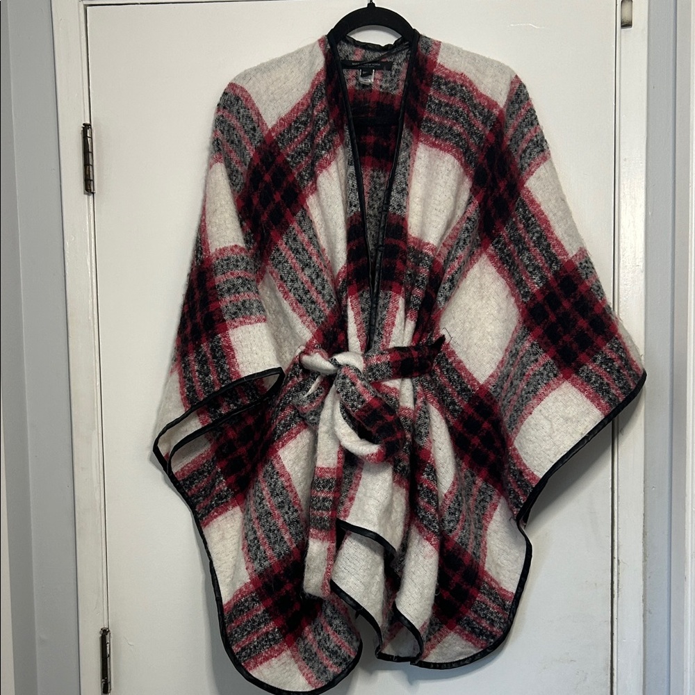 Andrew Marc Marc New York Red and Black Plaid Belted Wrap Cape Poncho Winter